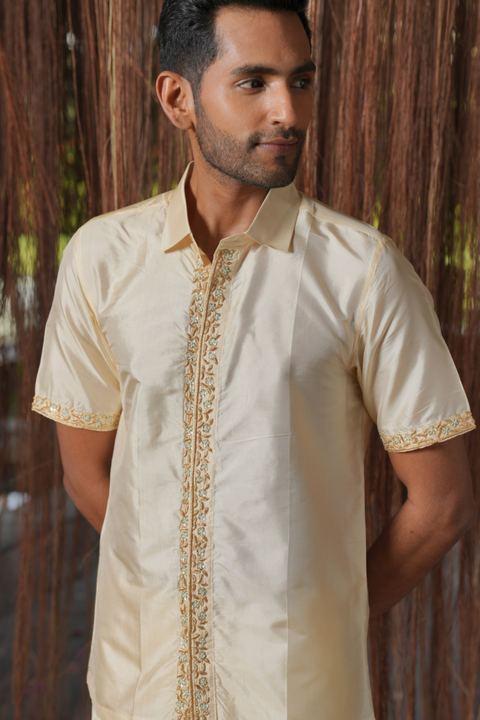 Sitara Kanjivaram — Sandstone Thread Embroidered Kanjivaram Pattu Silk Shirt & Lungi Set