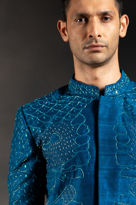 Starlit Indigo β Indigo Hand Embroidered Raw Silk Sherwani