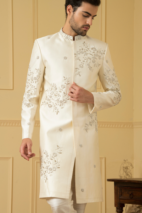 Crema — Cream Hand Embroidered Dupion Silk Sherwani