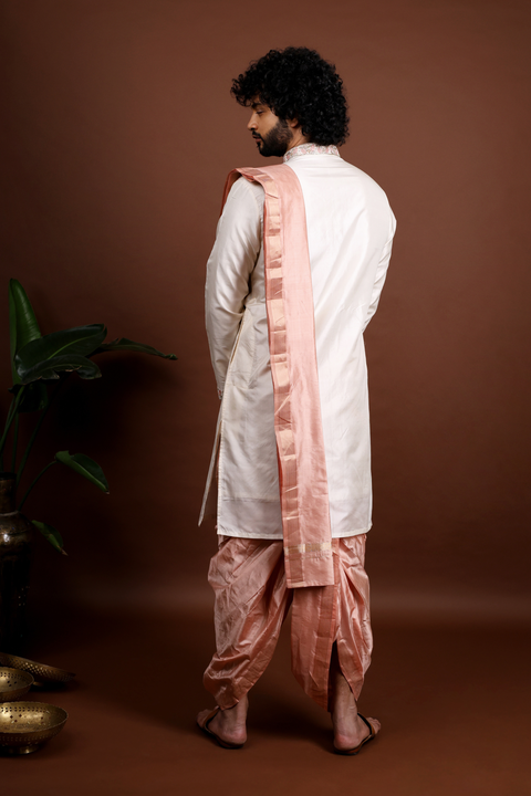 Regio — Beige Peach & Copper Hand Embroidered Kanjivaram Pattu Kurta Set