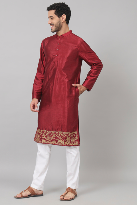 Rubyino — Maroon Embroidered Semi Raw Silk Kurta