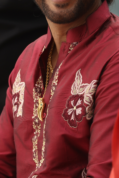 Velvet Wine β Maroon Hand Embroidered Dupion Silk Kurta Set