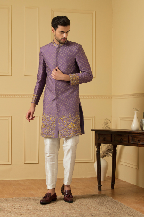 Marfil — Lilac Hand Embroidered Dupion Silk Sherwani