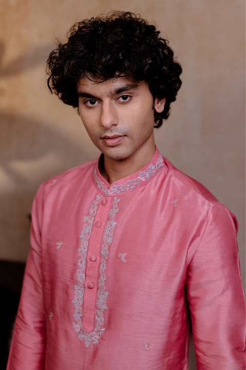 Prism Motif — Pink Geometric Embroidered Falling Raw Silk Kurta