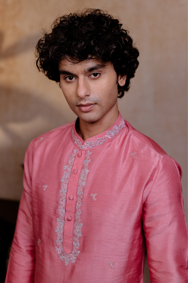 Prism Motif — Pink Geometric Embroidered Falling Raw Silk Kurta