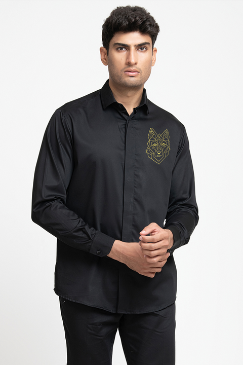 Perto Wolf — Black Wolf Embroidered Cotton Satin Shirt