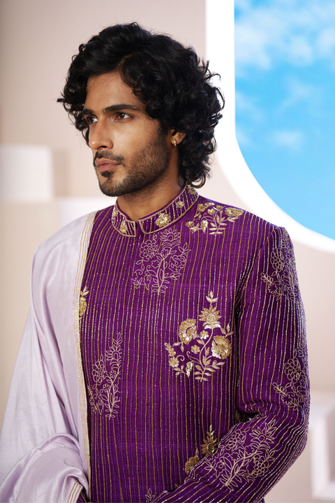 Majestique β Purple Hand Embroidered Raw Silk Sherwani