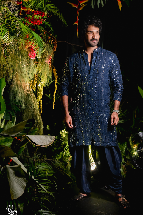 Scrito β Navy Blue Mirror & Sequin Embroidered Silk Kurta