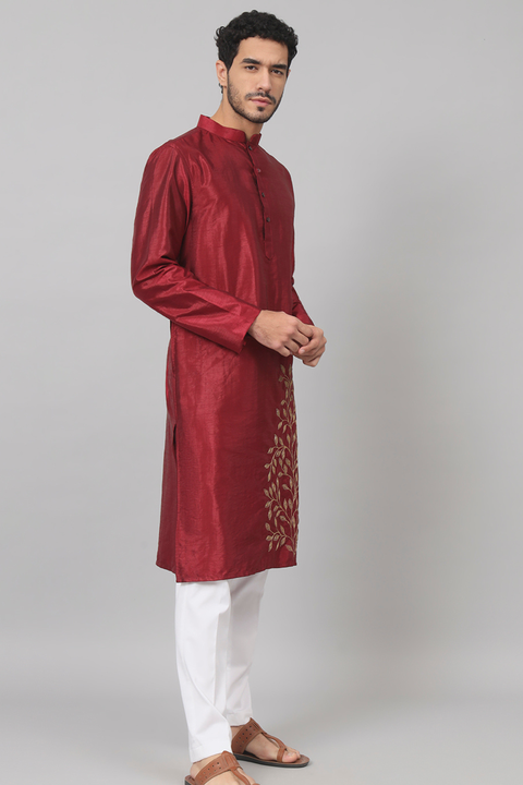 Marrom — Maroon Embroidered Falling Raw Silk Kurta
