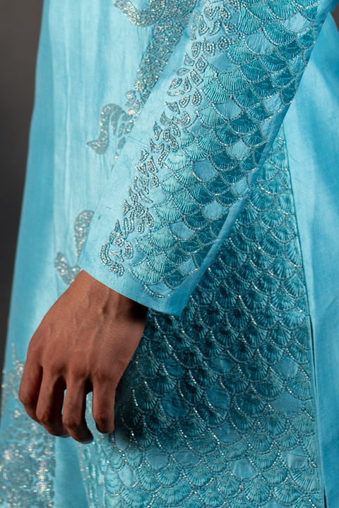 Underwater Bliss — Blue Hand Embroidered Raw Silk Sherwani