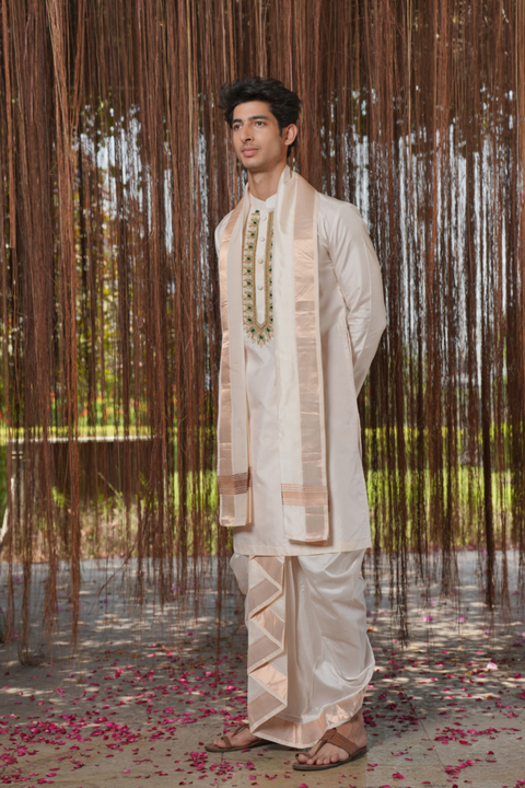 Pushkaram Kanjivaram — Cream Hand Embroidered Kanjivaram Pattu Silk Kurta Set