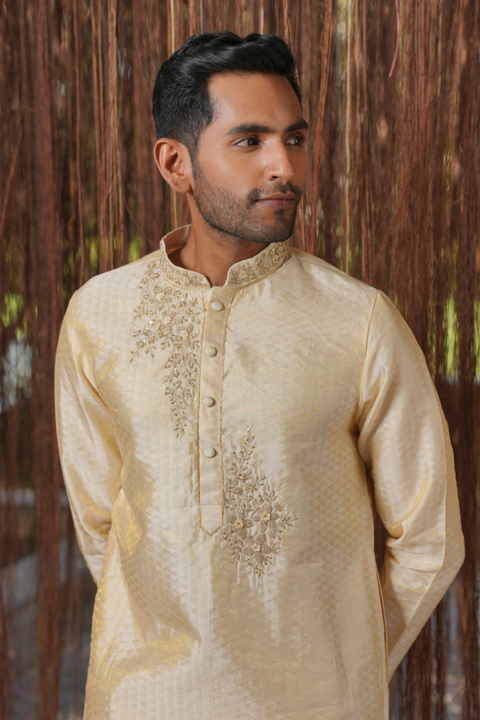 Ananta Kanjivaram — Cream Hand Embroidered Kanjivaram Pattu Silk Kurta Set