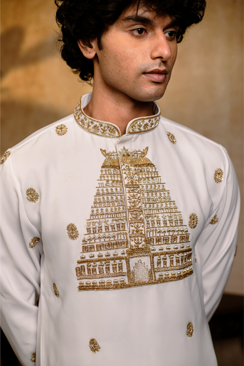 Devalaya — Ivory Hand Embroidered Cotton Blend Kurta