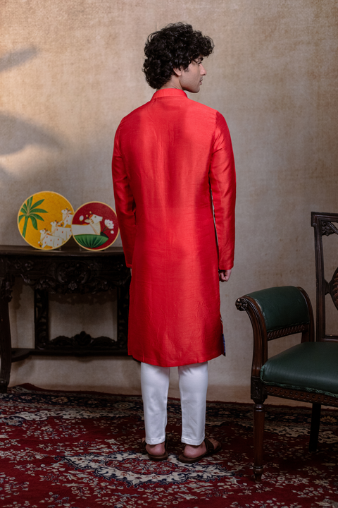 Padma Gopala — Red Krishna Mural Falling Raw Silk Kurta