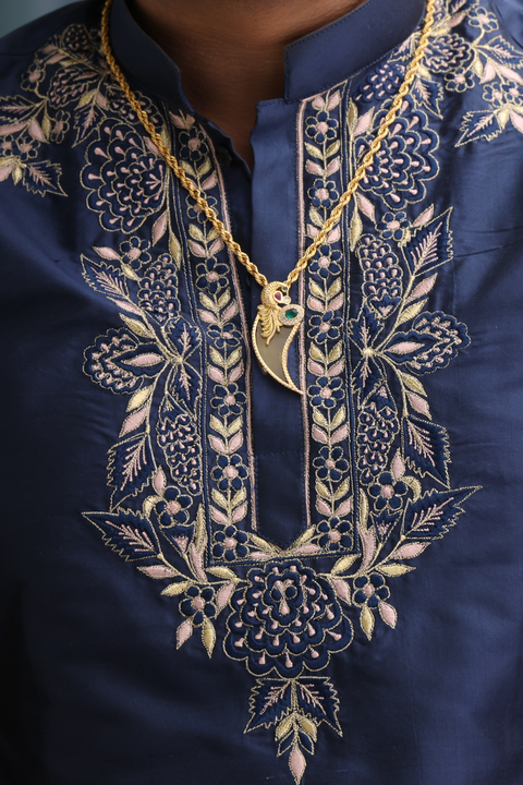 Navy Noor β Navy Hand Embroidered Dupion Silk Kurta Set