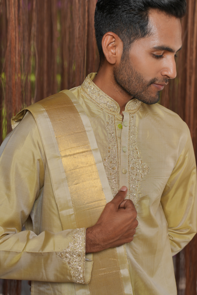 Sharvariya Kanjivaram — Olive Thread Embroidered Kanjivaram Pattu Silk Kurta Set
