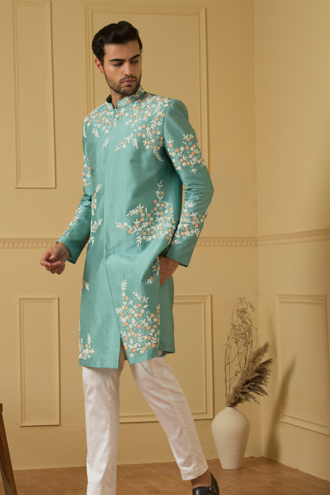 Marino — Sage Green Hand Embroidered Dupion Silk Sherwani