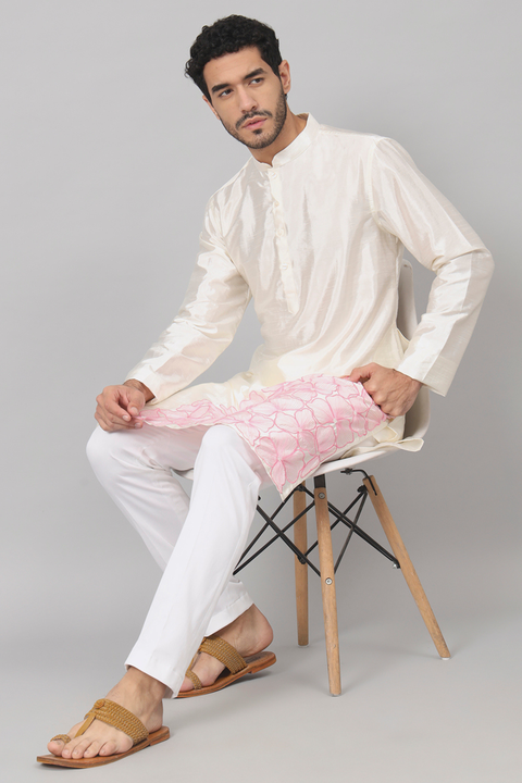 Ivoire — Off White Embroidered Falling Raw Silk Kurta