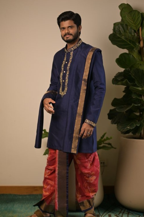 Royal Navratna — Navy Blue Zari Embroidered Dupion Silk Kurta & Dhoti Set