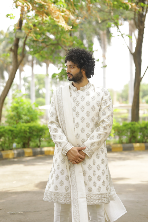 Iysian Silver — White Silver Hand Embroidered Dupion Silk Sherwani