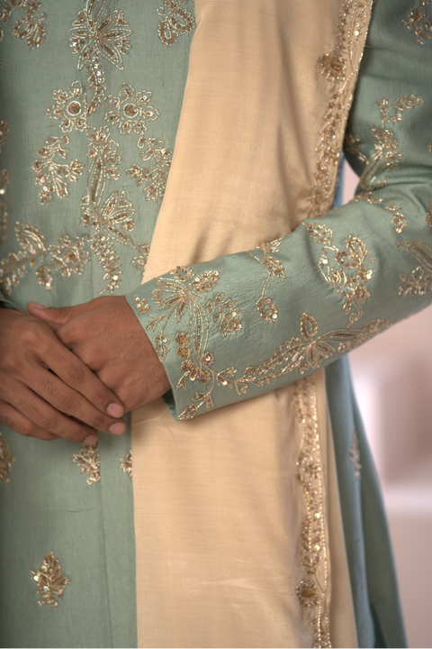 Aurelin — Olive Green Hand Embroidered Dupion Silk Sherwani