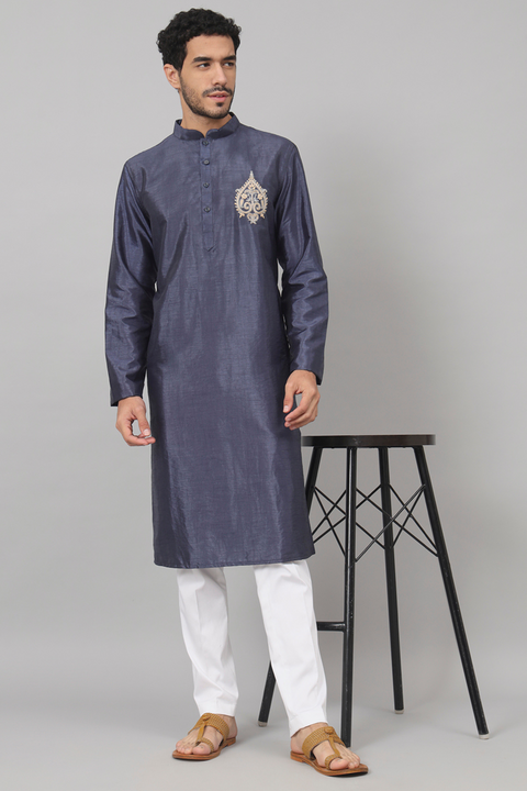Cyan — Blue Embroidered Falling Raw Silk Kurta