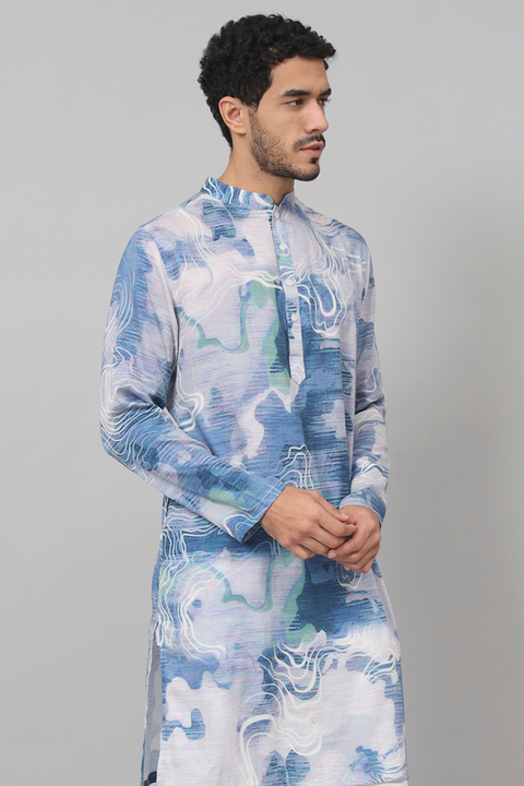 Marbre — Blue Marble Print Silk Kurta