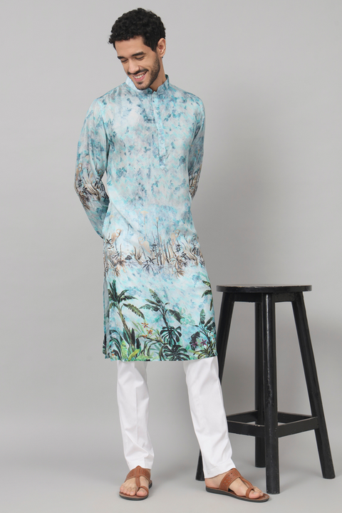 Sepia — Blue Palm Tree Print Silk Kurta