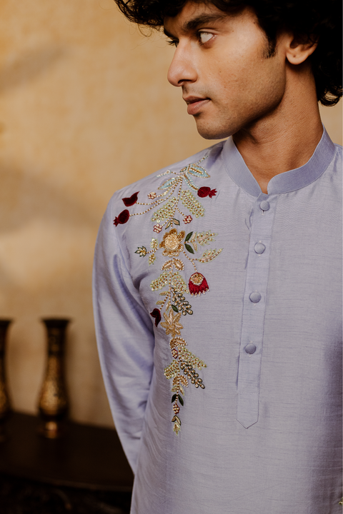 Botanical Bloom β Lavender Floral Embroidered Falling Raw Silk Kurta