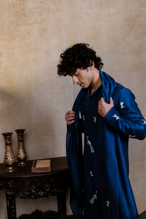 Neel Mayura β Teal Blue Peacock Embroidered Falling Raw Silk Kurta