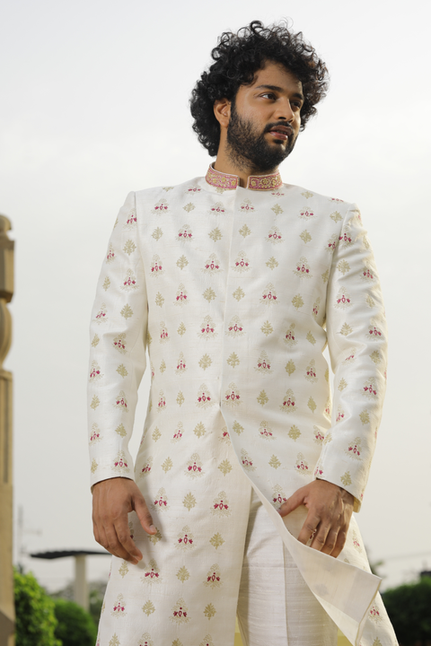 Irenic White — White Hand Embroidered Raw Silk Sherwani