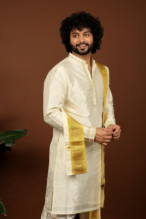 Heuso — Off-White Gold Thread Embroidered Pattu Kurta Set