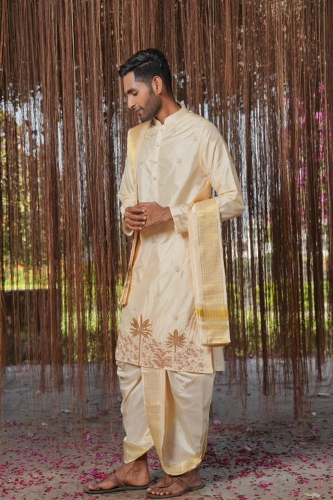 Vruksha Kanjivaram — Cream Pink Hand Embroidered Kanjivaram Pattu Silk Kurta Set