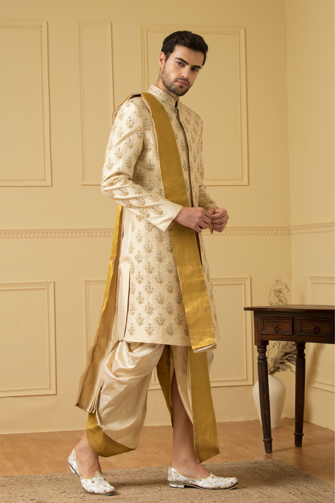 Esplendor — Off White Gold Hand Embroidered Dupion Silk Sherwani