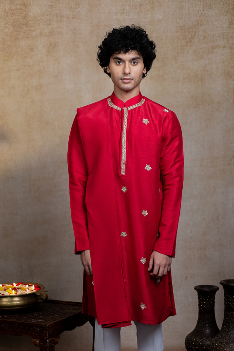 Kumkuma β Crimson Red Zari Embroidered Falling Raw Silk Kurta