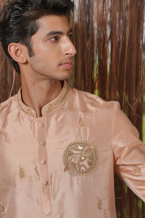 Sakura Kanjivaram — Dusky Pink Thread Embroidered Kanjivaram Pattu Silk Kurta Set