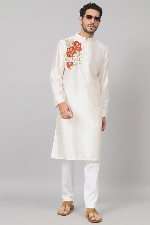 Beju — Off White Embroidered Falling Raw Silk Kurta