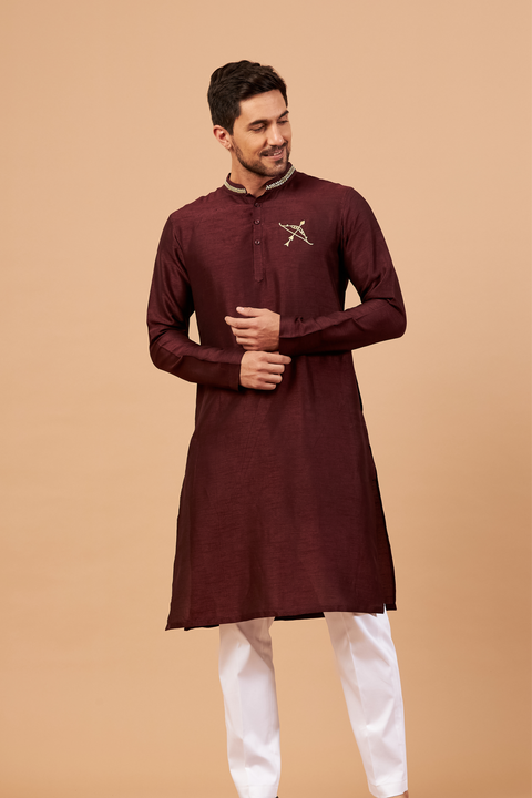 Adira β Maroon Zari Embroidered Falling Raw Silk Kurta