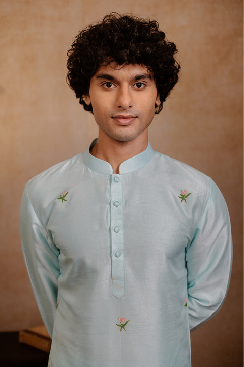 Vrindavan Lotus β Sage Green Hand Embroidered Falling Raw Silk Kurta