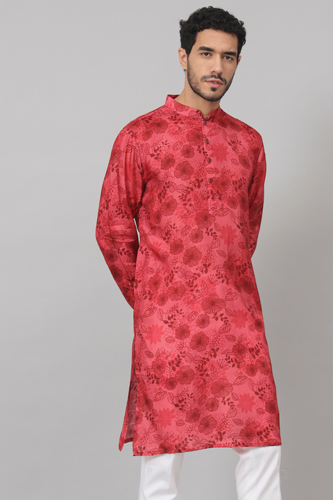 Blossomage — Red Floral Print Silk Kurta
