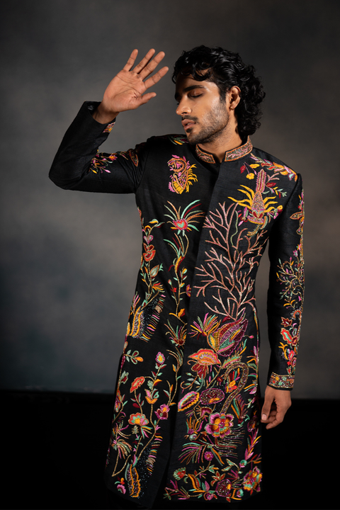 Black Tides — Black Hand Embroidered Raw Silk Sherwani