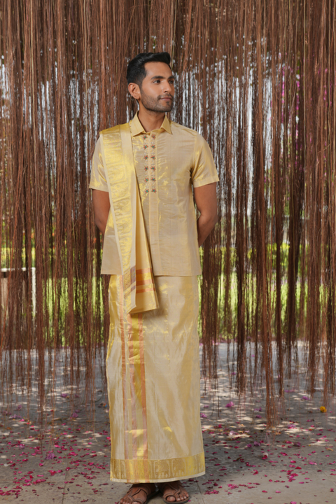 Raziya Kanjivaram — Gold Thread Embroidered Kanjivaram Pattu Silk Kurta & Lungi Set
