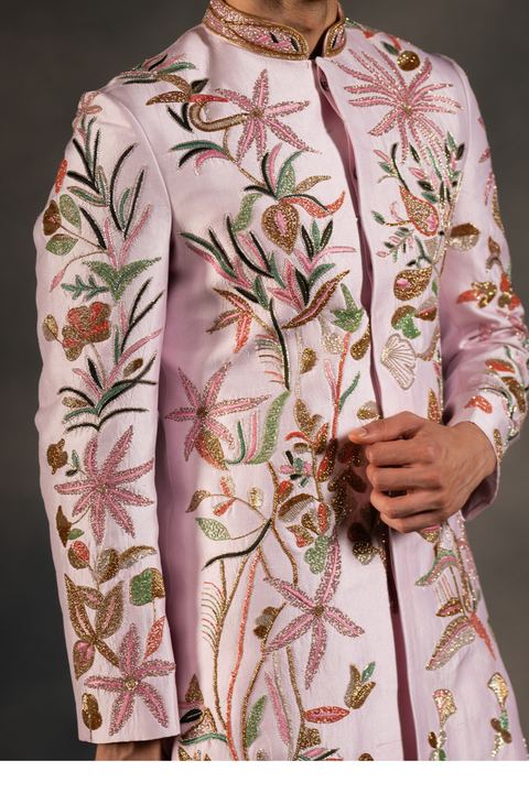 Pink Haven — Pink Hand Embroidered Dupion Silk Sherwani