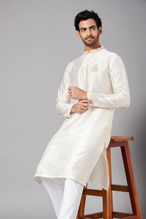 Ecru β White Embroidered Falling Raw Silk Kurta