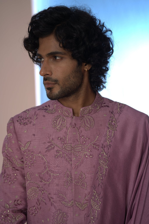 Velora β Mauve Pink Hand Embroidered Falling Raw Silk Sherwani