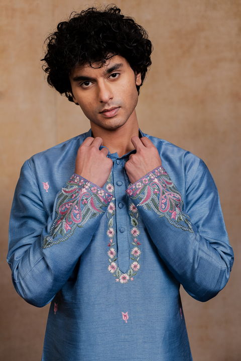 Varnika β Blue Embroidered Falling Raw Silk Kurta