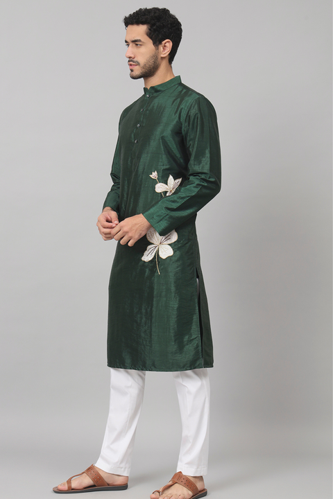 Wijze — Green Embroidered Falling Raw Silk Kurta