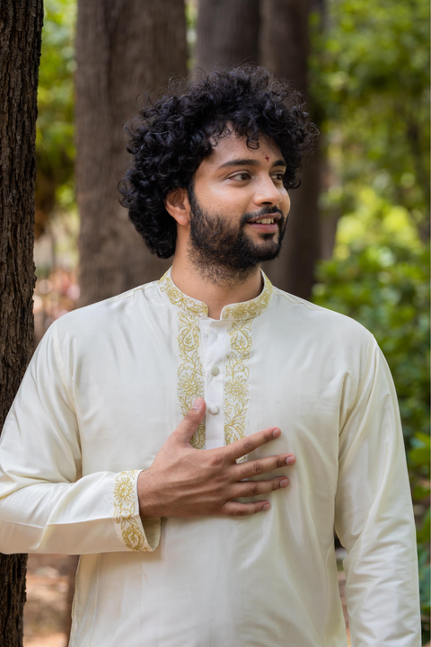 Gleaming Gold β Off-White Gold Zari Thread Embroidered Pattu Kurta Set