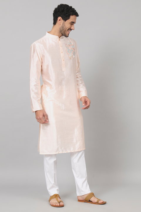 Taozi — Peach Embroidered Falling Raw Silk Kurta