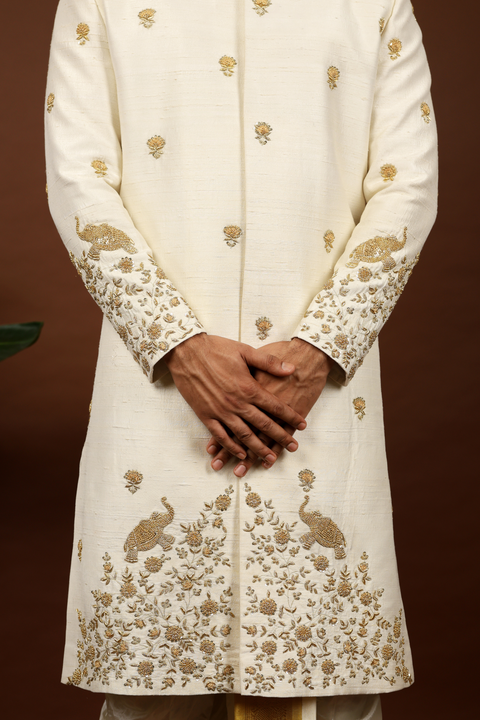 Oro — Off White Gold Hand Embroidered Raw Silk Sherwani & Dhoti Set